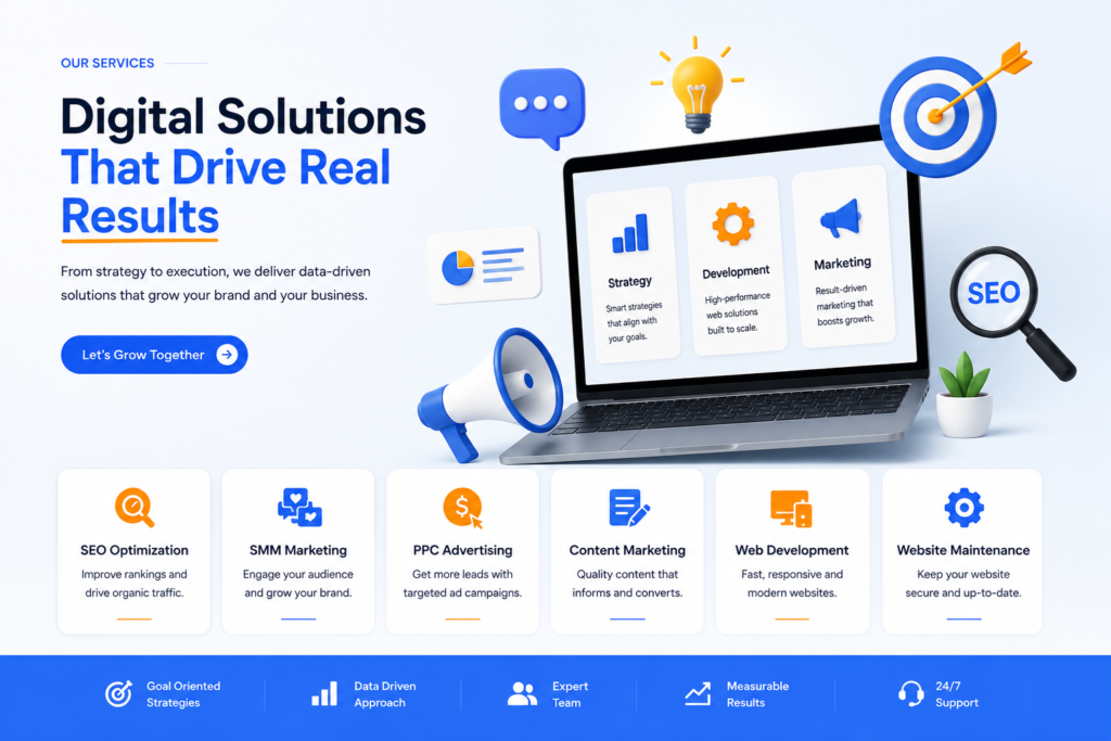 Digital marketing services website banner showing SEO, SMM, PPC, content marketing and web development solutions
